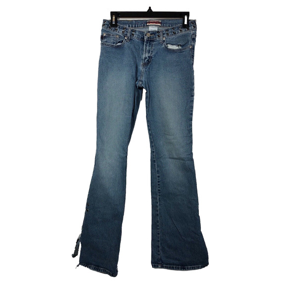 Z Cavaricci Low Rise Jeans Y2K Flare Size 5 Grommets Blue Vintage Distressed - Picture 1 of 15
